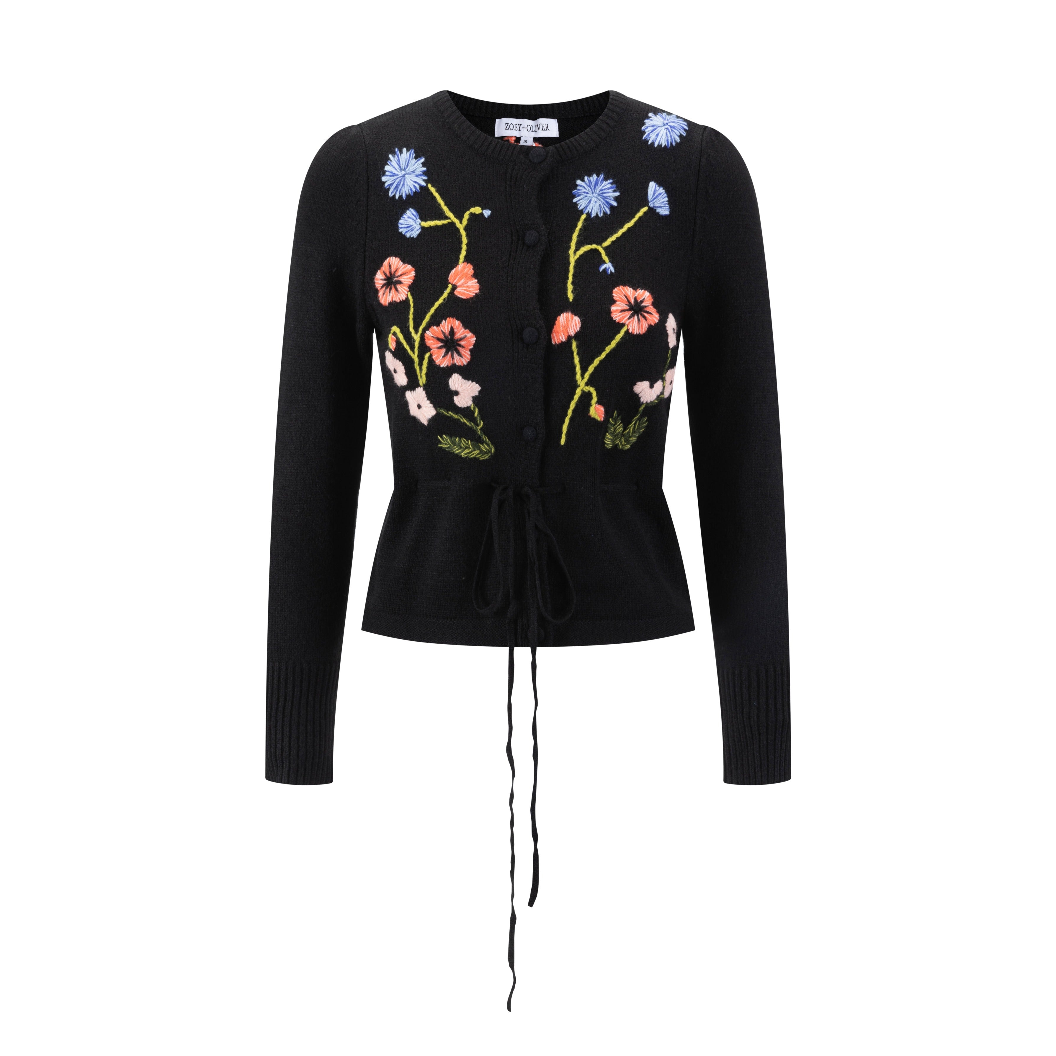 Knit Sweater With Floral Embroidery - Black