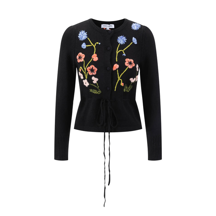 Knit Sweater With Floral Embroidery - Black