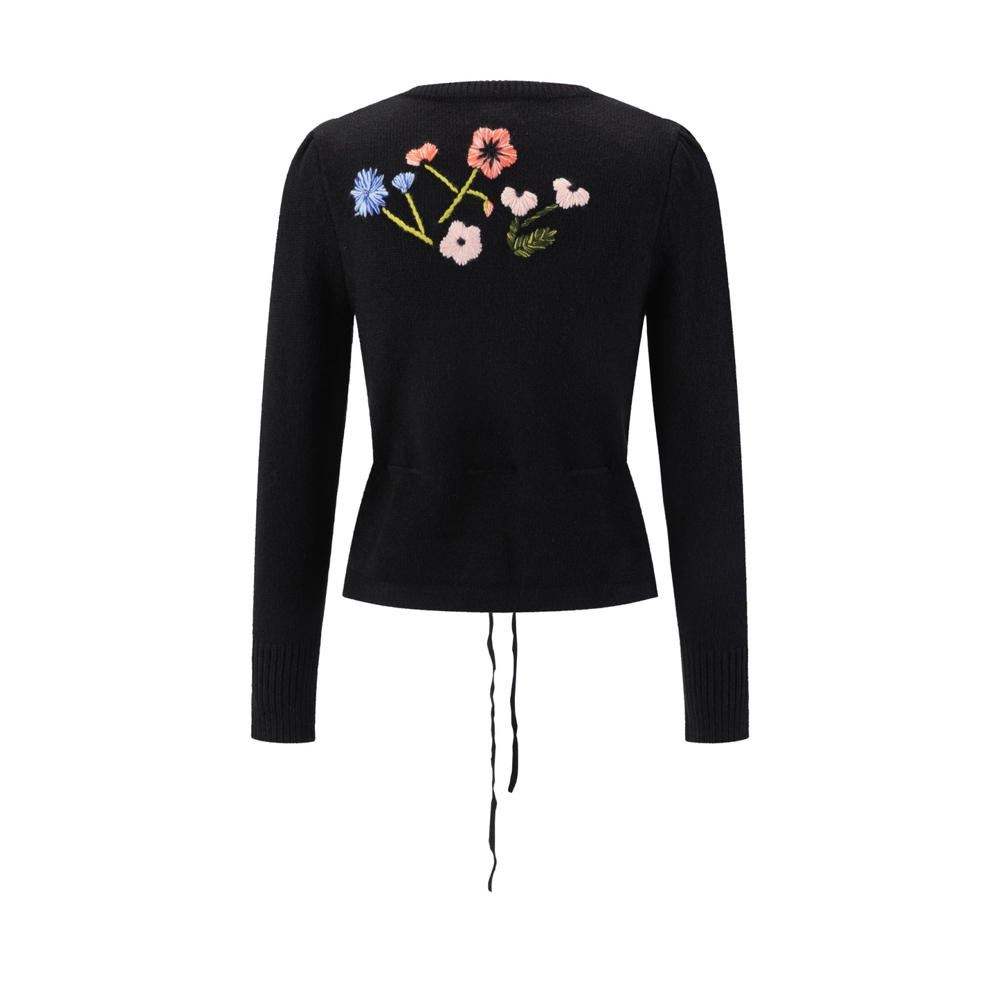 Knit Sweater With Floral Embroidery - Black