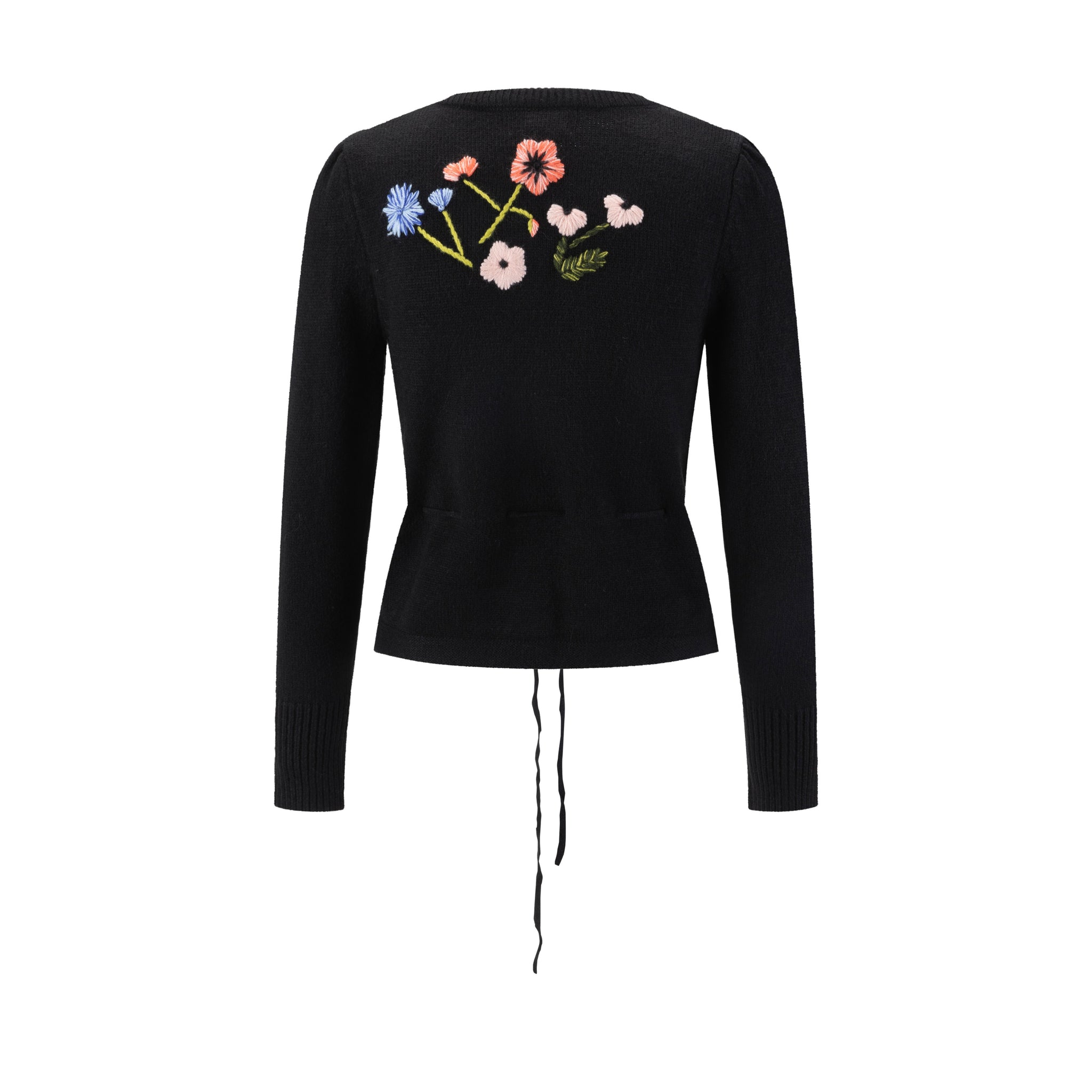 Knit Sweater With Floral Embroidery - Black