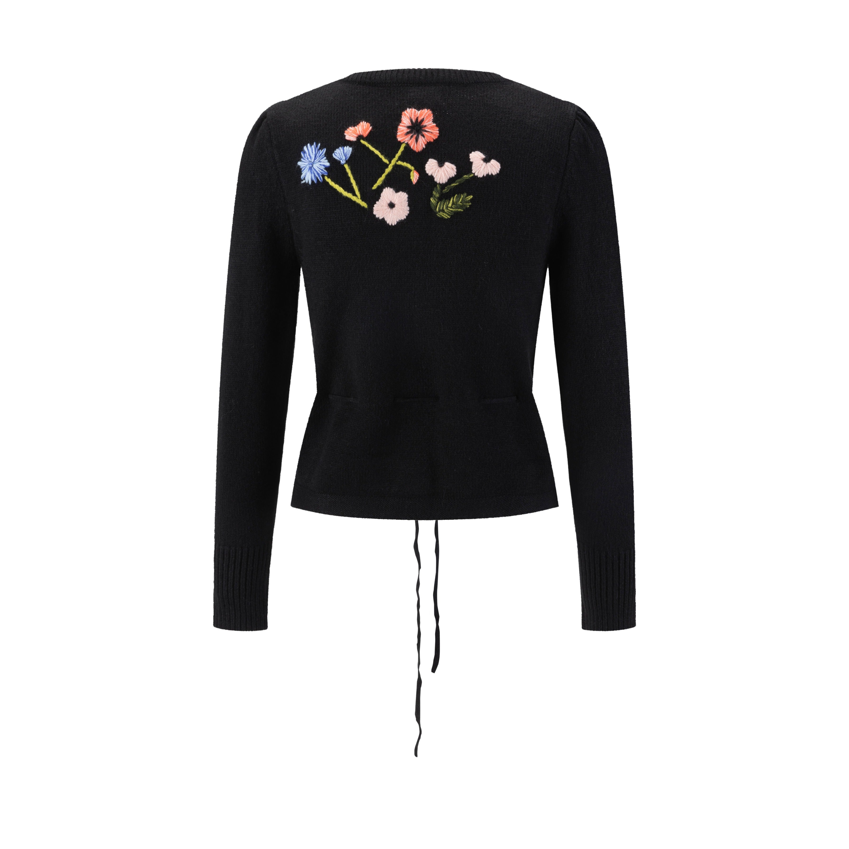 Knit Sweater With Floral Embroidery - Black