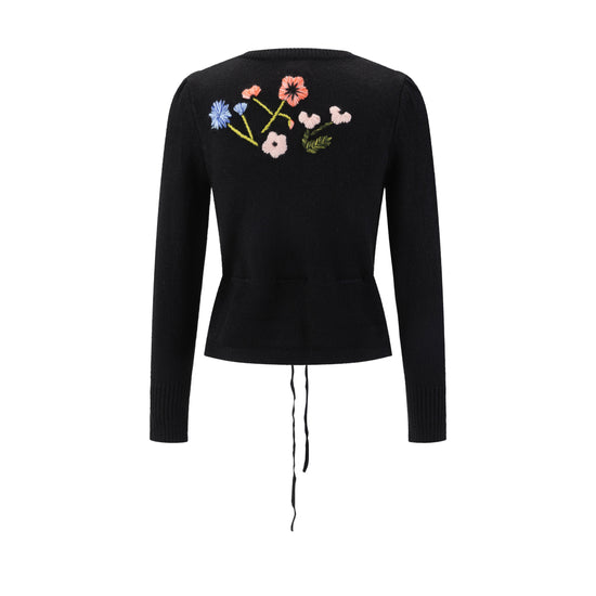 Knit Sweater With Floral Embroidery - Black