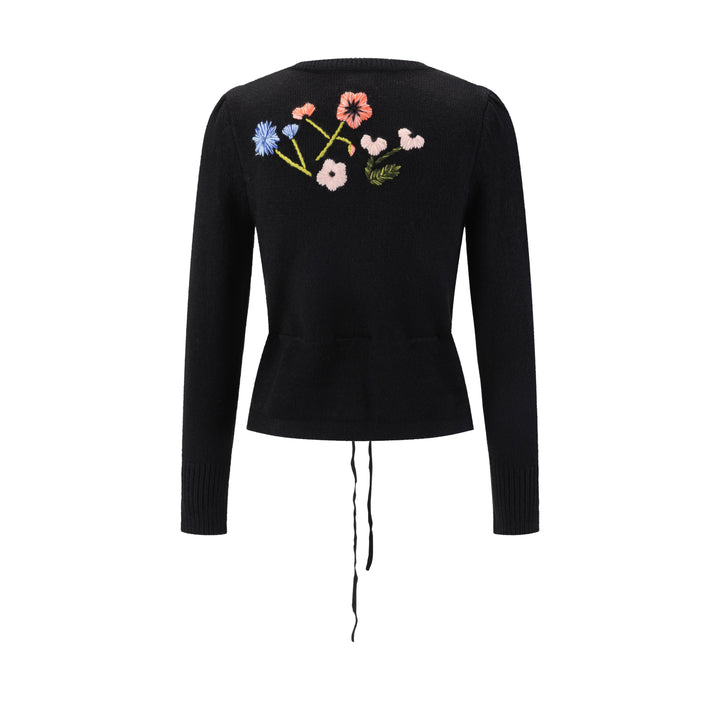 Knit Sweater With Floral Embroidery - Black