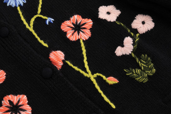 Knit Sweater With Floral Embroidery - Black