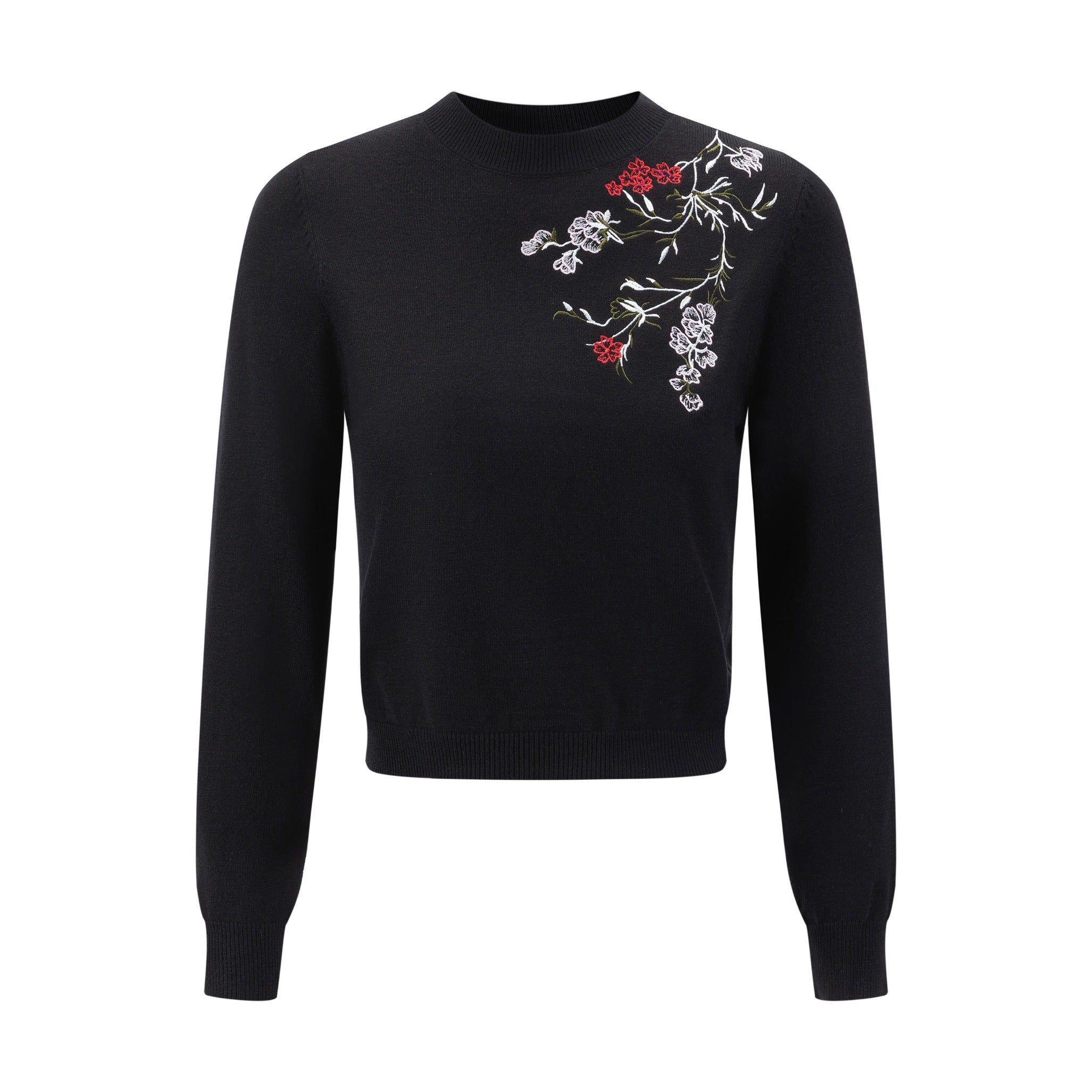 Black Knit Top With Red Embroidered Floral Print