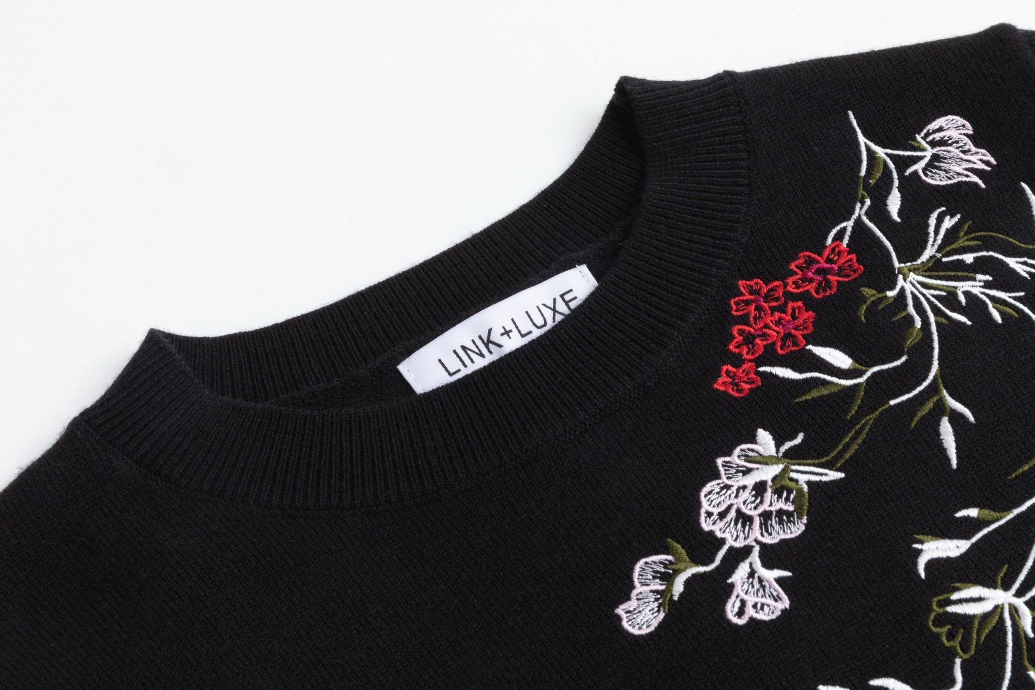 Black Knit Top With Red Embroidered Floral Print