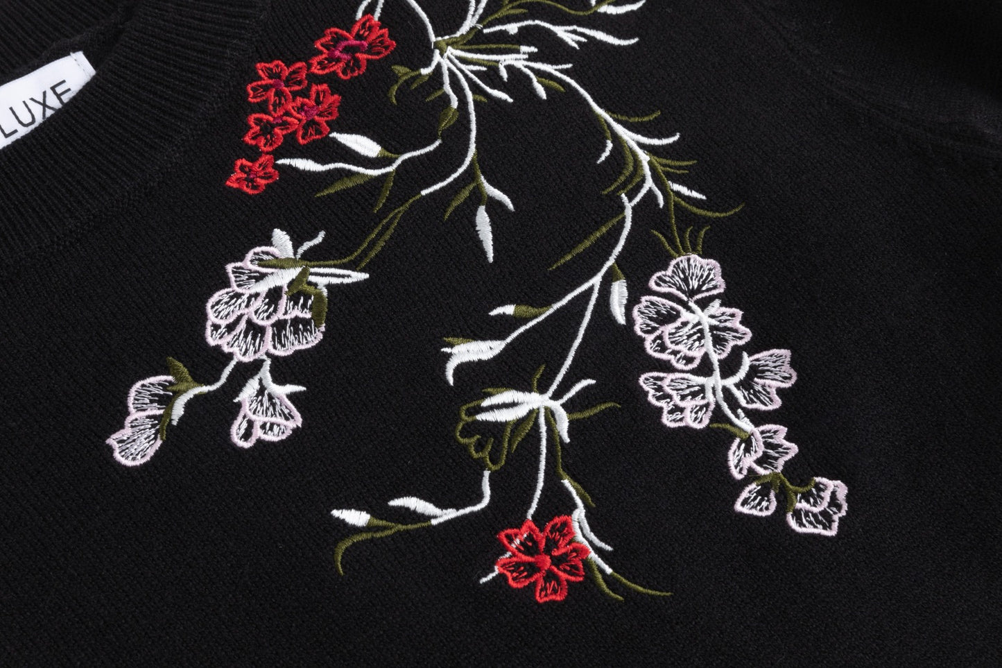 Black Knit Top With Red Embroidered Floral Print