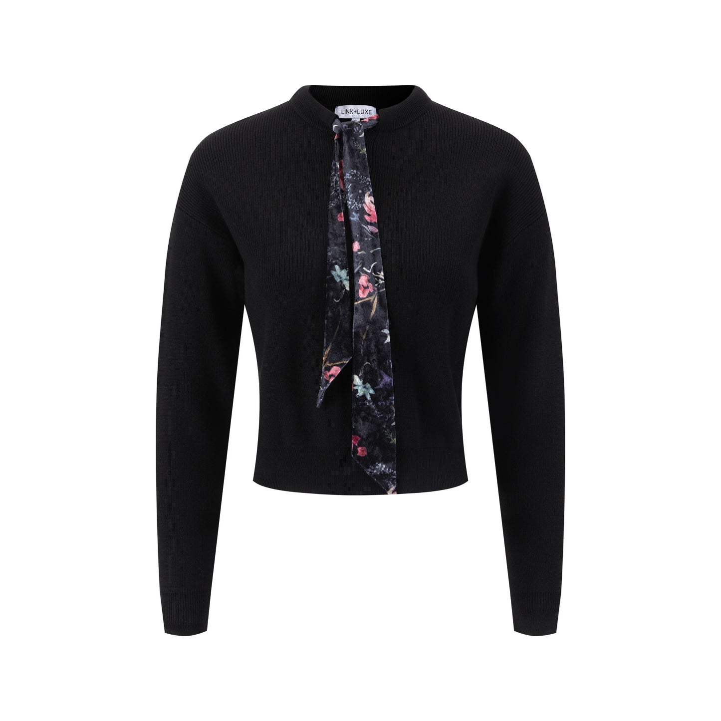 Black Knit Top With Velvet Printed Neck Tie
