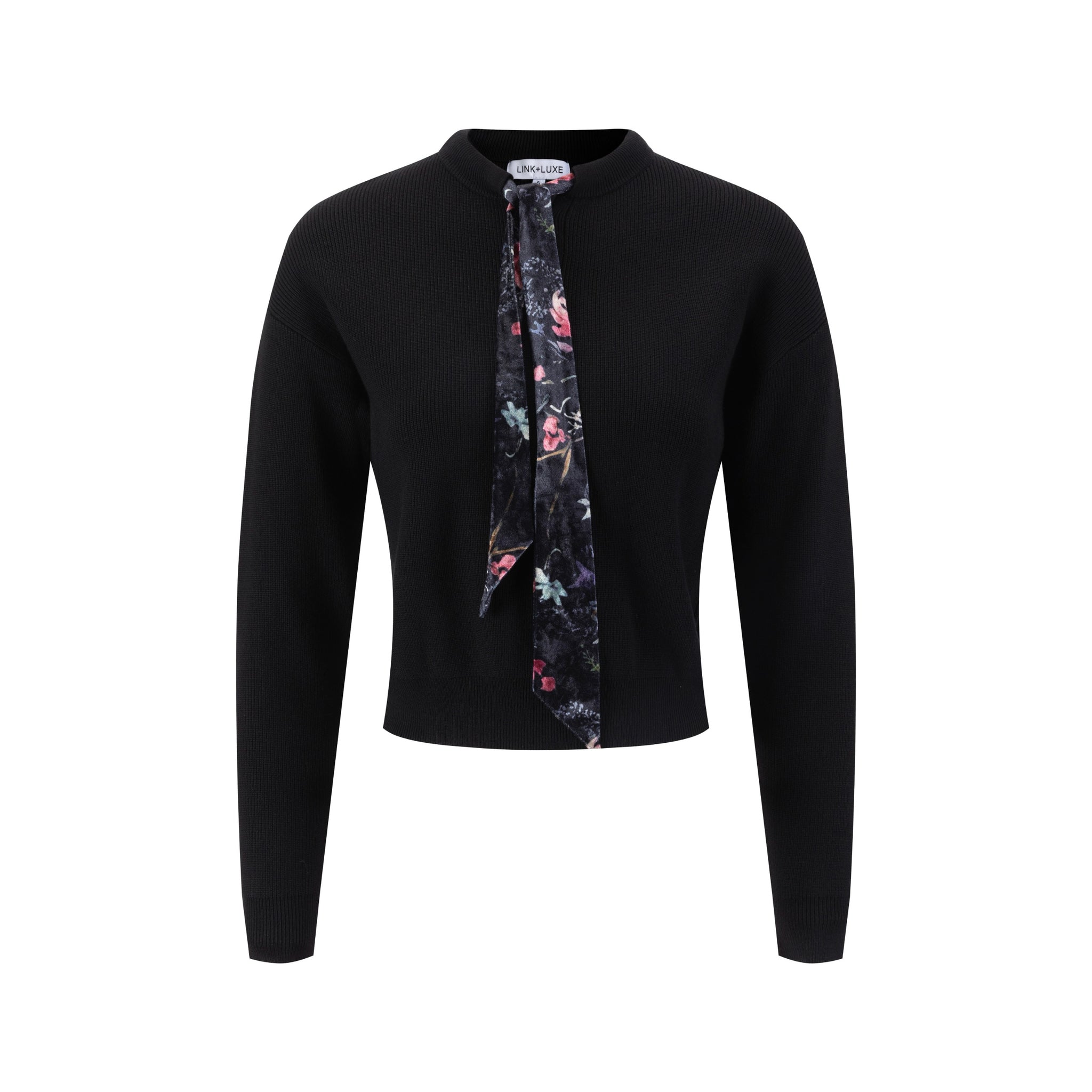 Black Knit Top With Velvet Printed Neck Tie