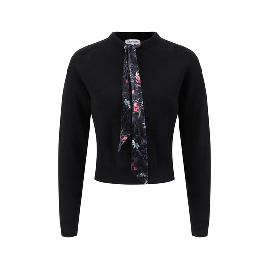 Black Knit Top With Velvet Printed Neck Tie