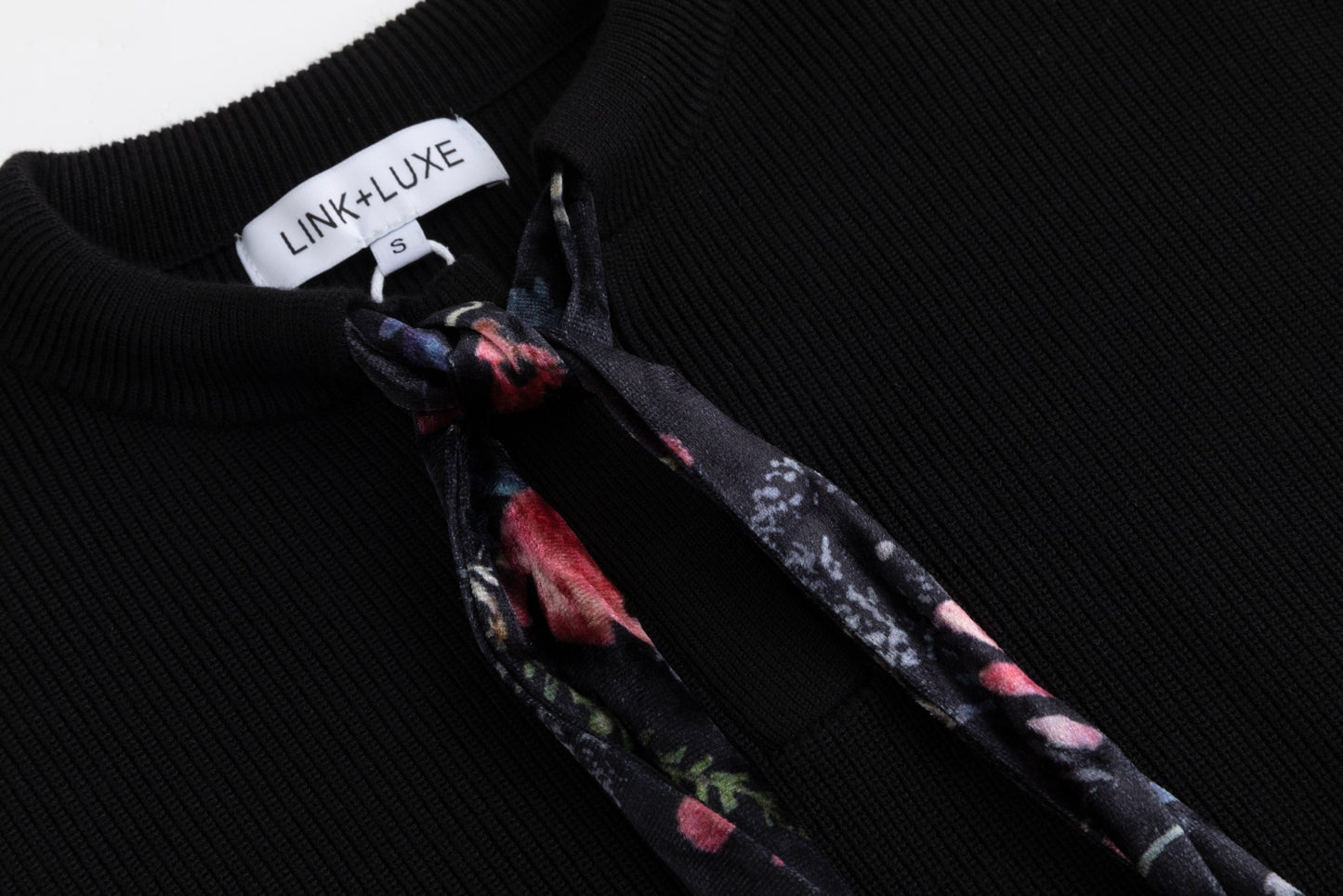 Black Knit Top With Velvet Printed Neck Tie