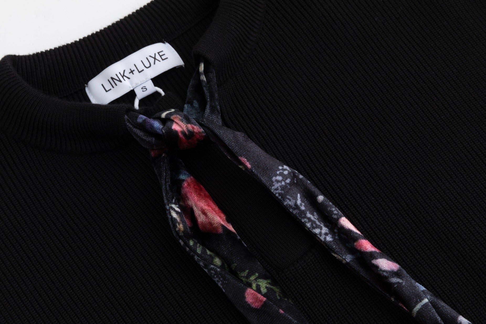 Black Knit Top With Velvet Printed Neck Tie