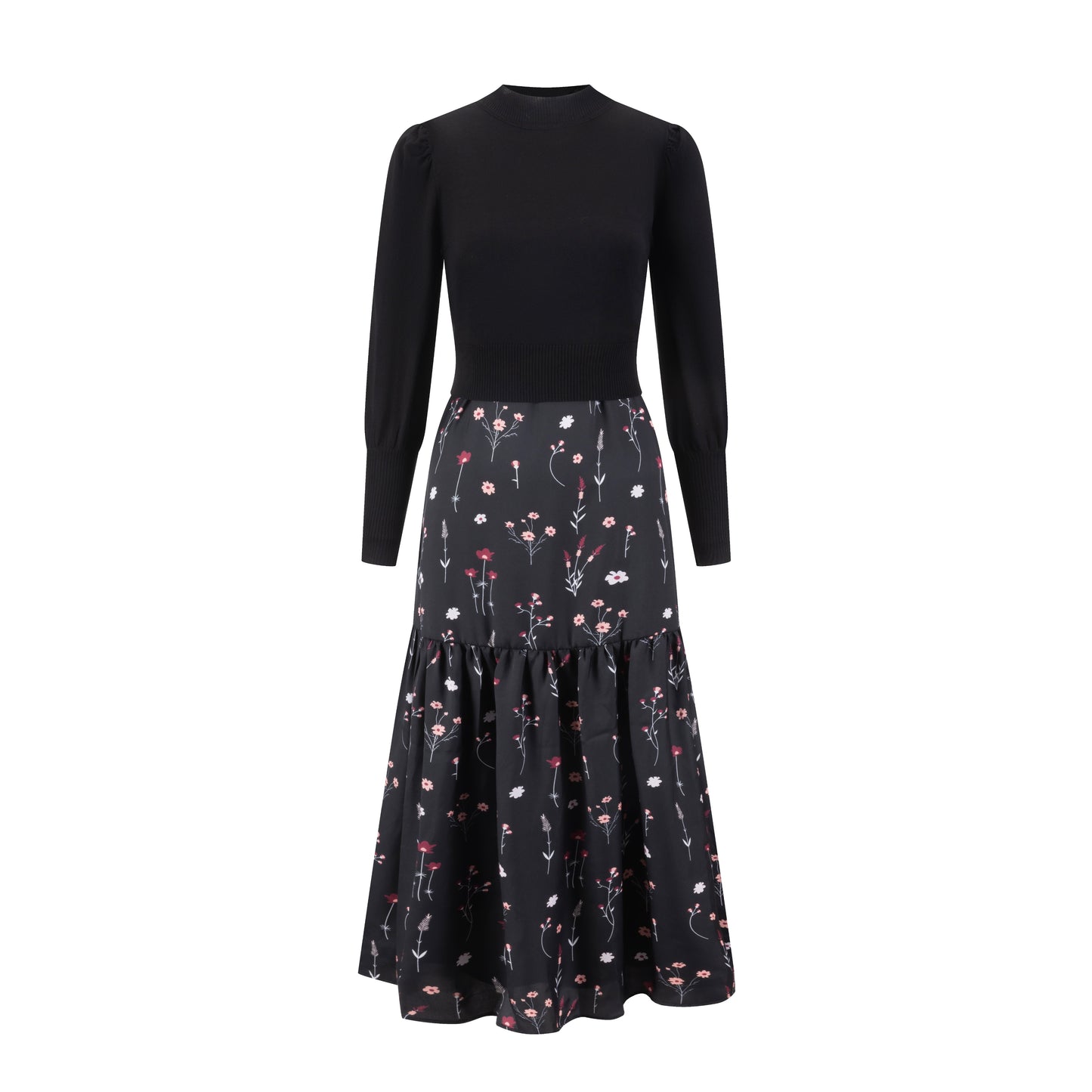 Satin Tier Floral Jumper With Black Overlay