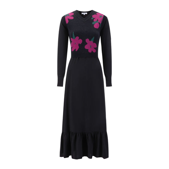 Black Dress With Pink Floral Vest Overlay