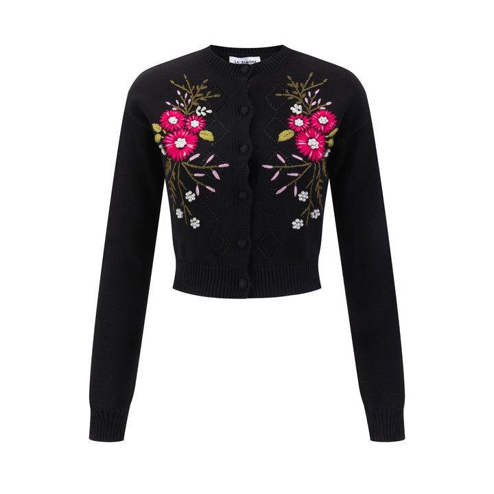 Black Knit Cardigan With Floral Embroidery