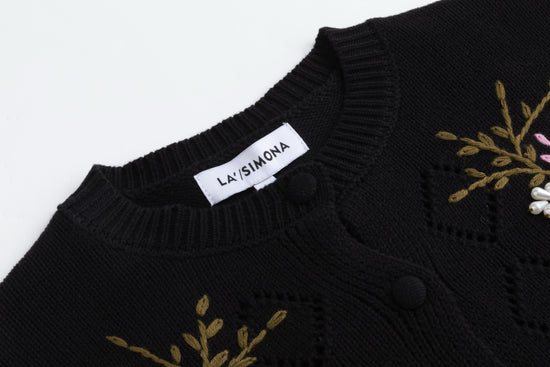 Black Knit Cardigan With Floral Embroidery