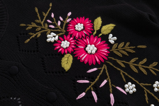 Black Knit Cardigan With Floral Embroidery