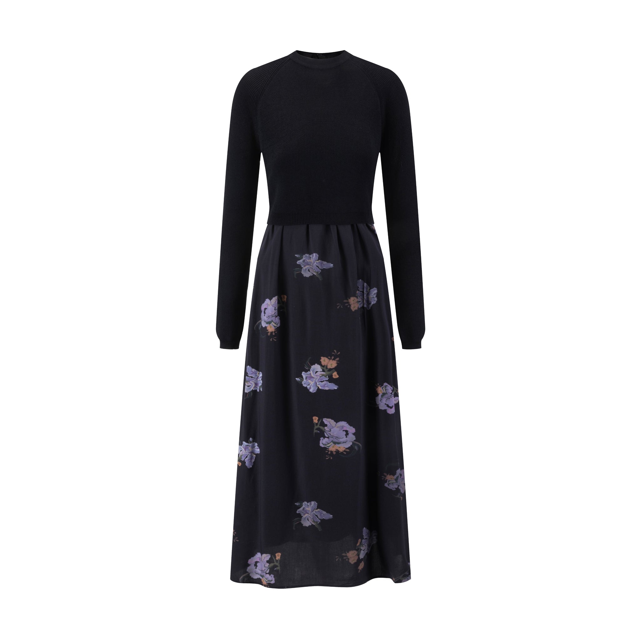 Black Knit Overlay Purple Flower Printed Dress