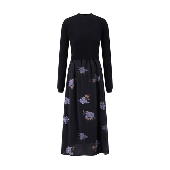 Black Knit Overlay Purple Flower Printed Dress