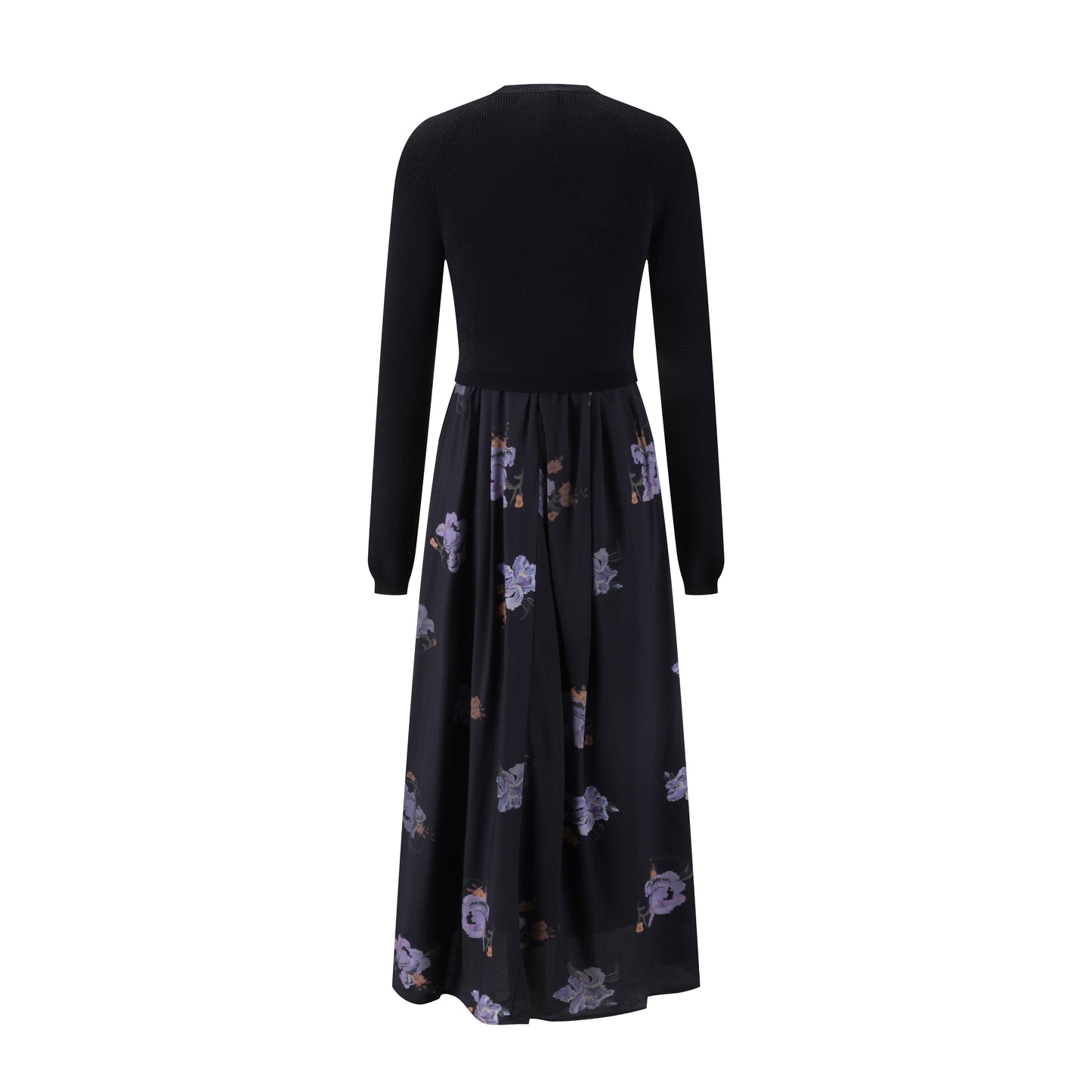 Black Knit Overlay Purple Flower Printed Dress