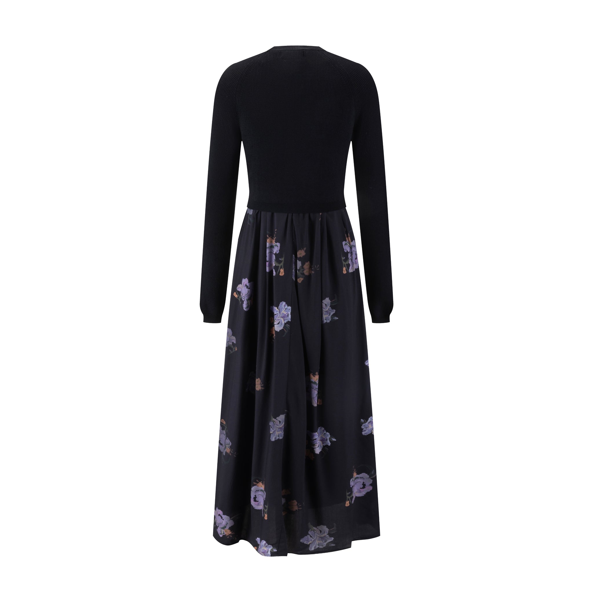Black Knit Overlay Purple Flower Printed Dress