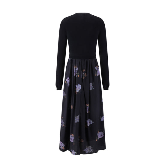 Black Knit Overlay Purple Flower Printed Dress