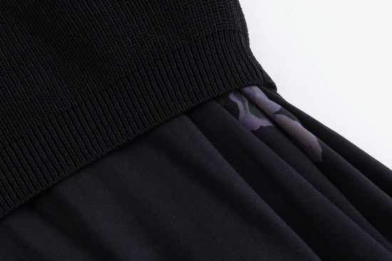 Black Knit Overlay Purple Flower Printed Dress