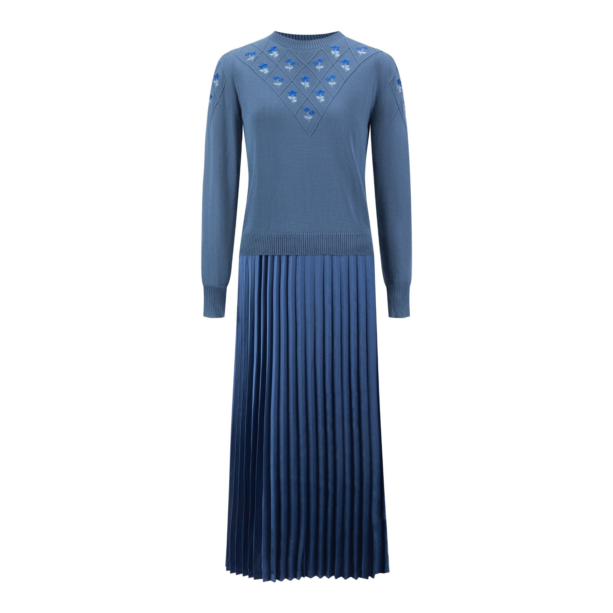 Pleated Dress With Embroidered Knit Overlay - Blue
