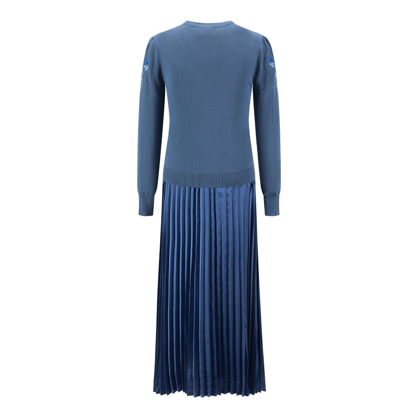 Pleated Dress With Embroidered Knit Overlay - Blue