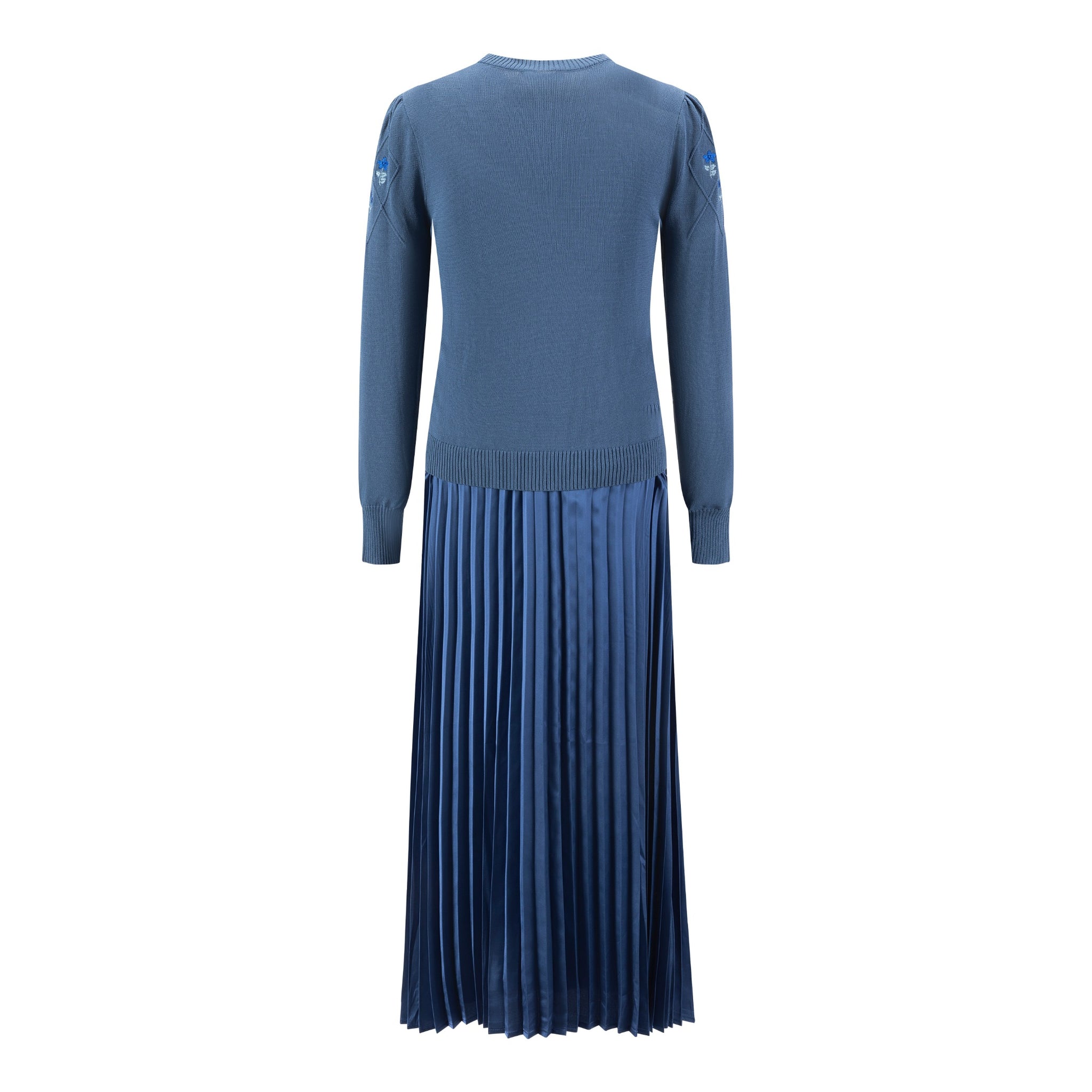 Pleated Dress With Embroidered Knit Overlay - Blue