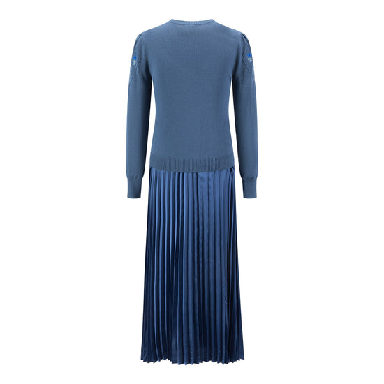 Pleated Dress With Embroidered Knit Overlay - Blue