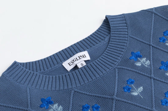Pleated Dress With Embroidered Knit Overlay - Blue