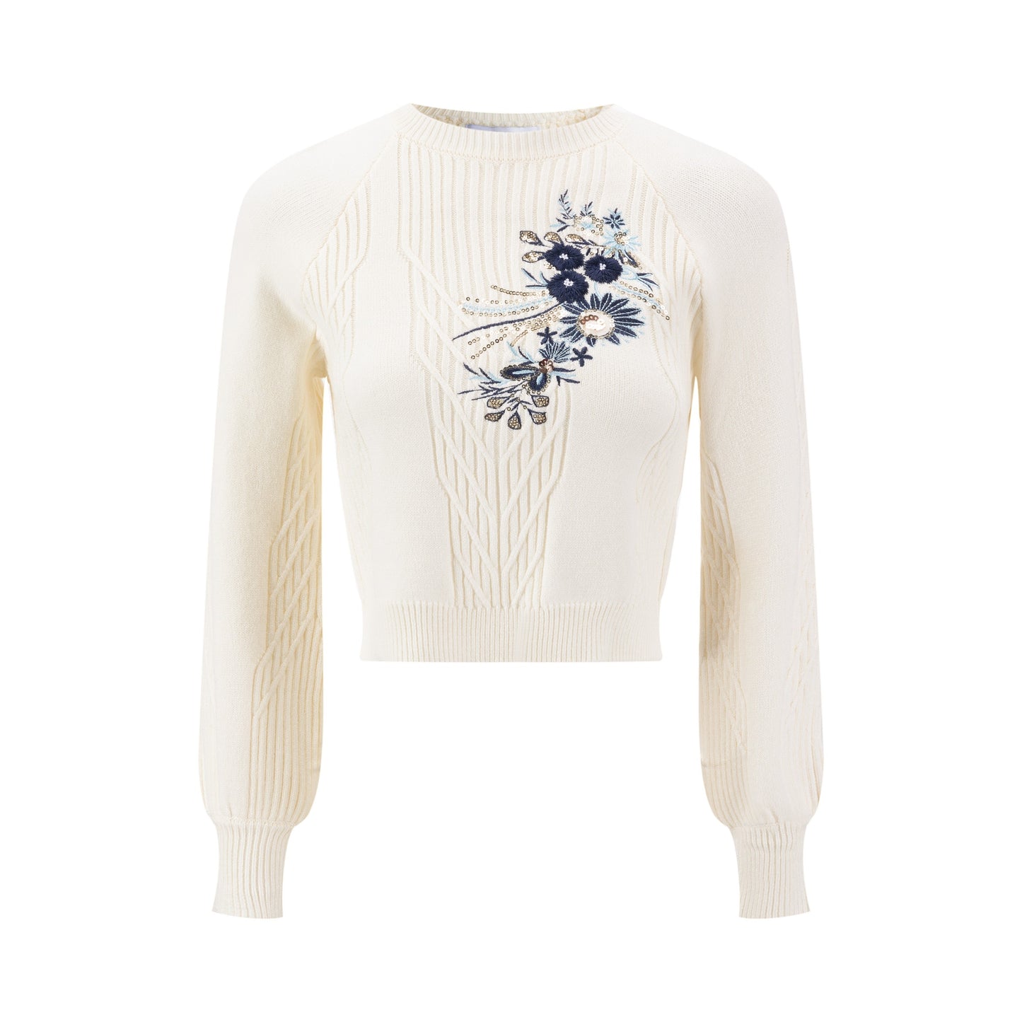 Ivory And Blue Beaded Knit Top