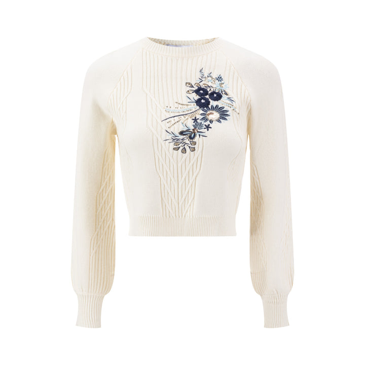 Ivory And Blue Beaded Knit Top