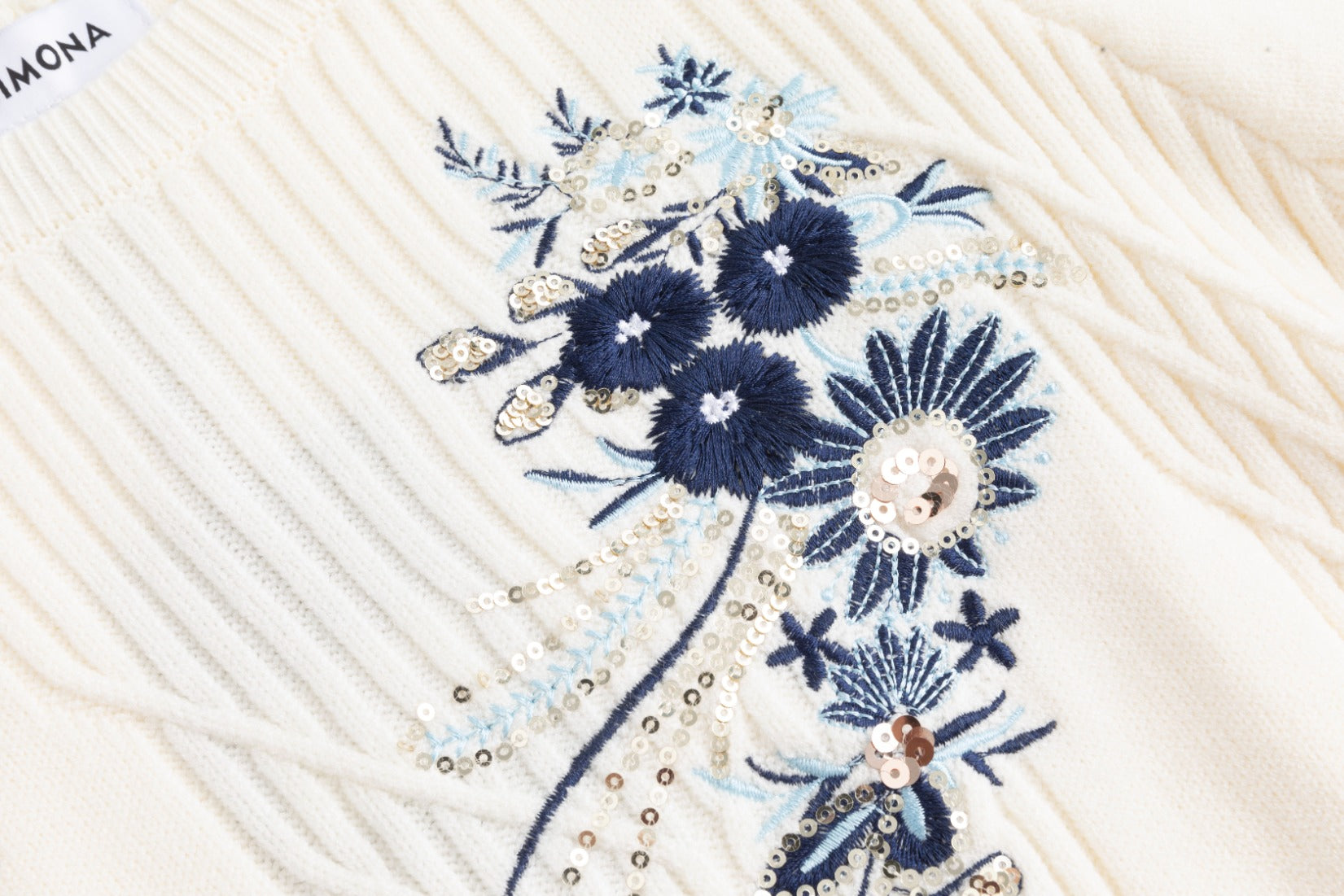 Ivory And Blue Beaded Knit Top