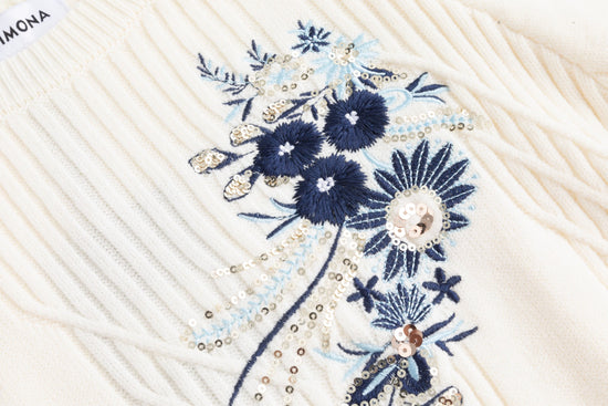 Ivory And Blue Beaded Knit Top