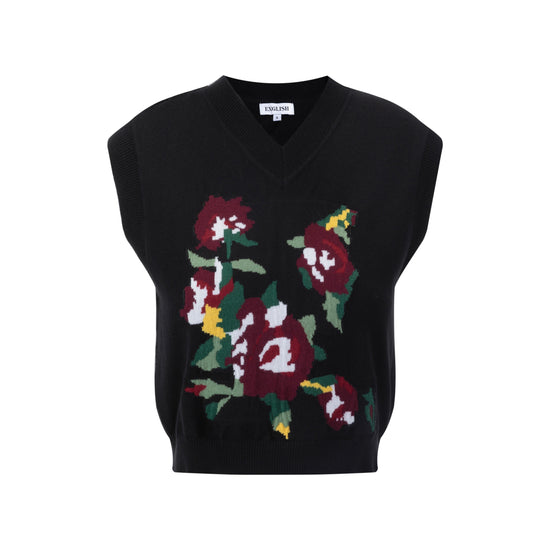 Black Knit Vest With Multicolored Floral Print