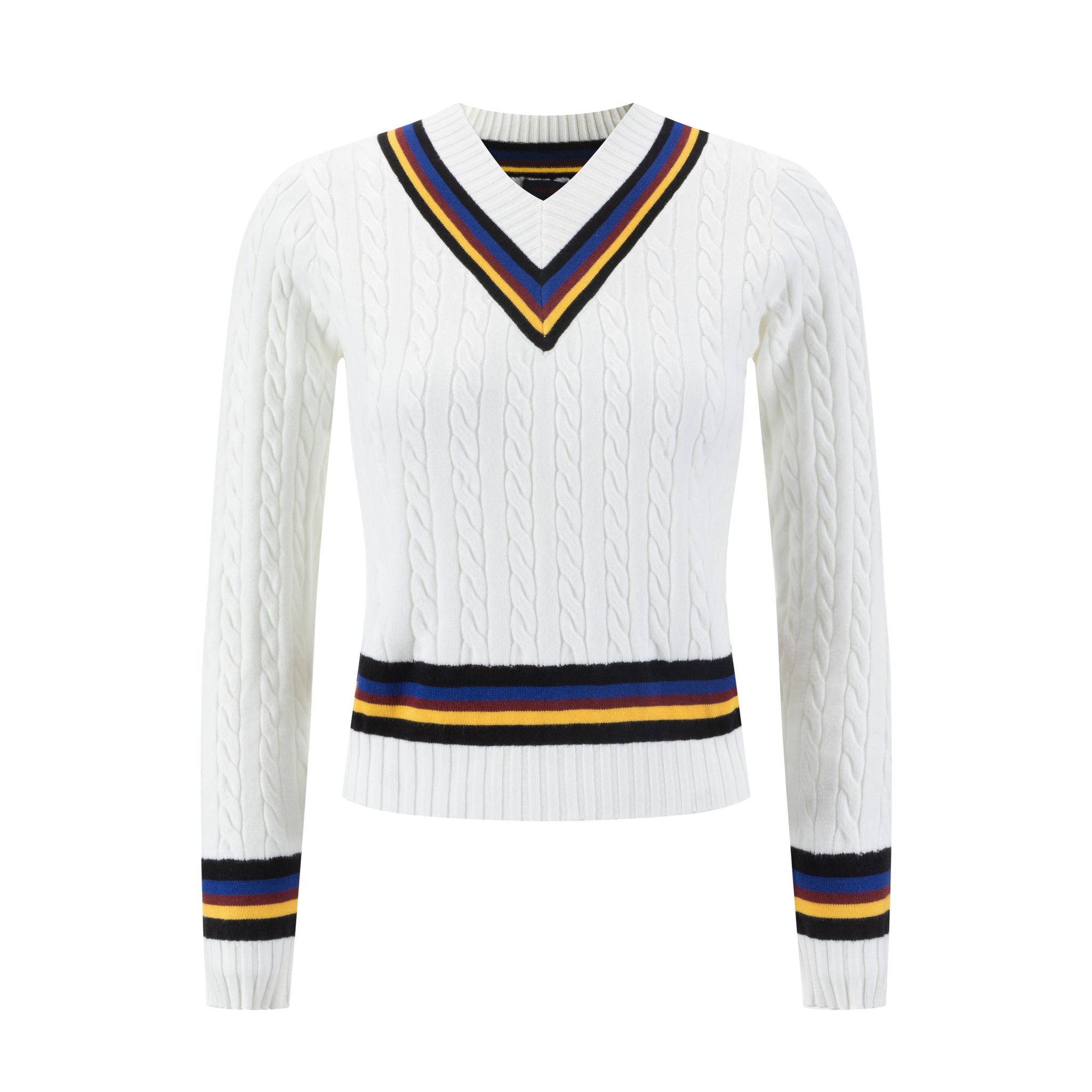 White Cable Knit Sweater With Colored Stripes