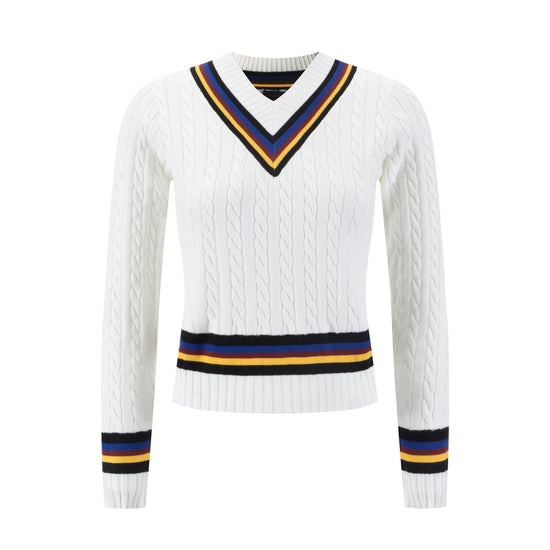 White Cable Knit Sweater With Colored Stripes