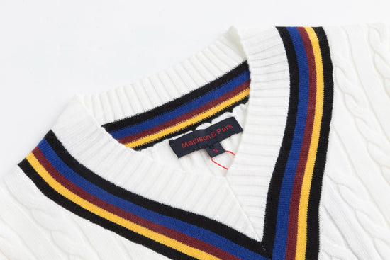 White Cable Knit Sweater With Colored Stripes