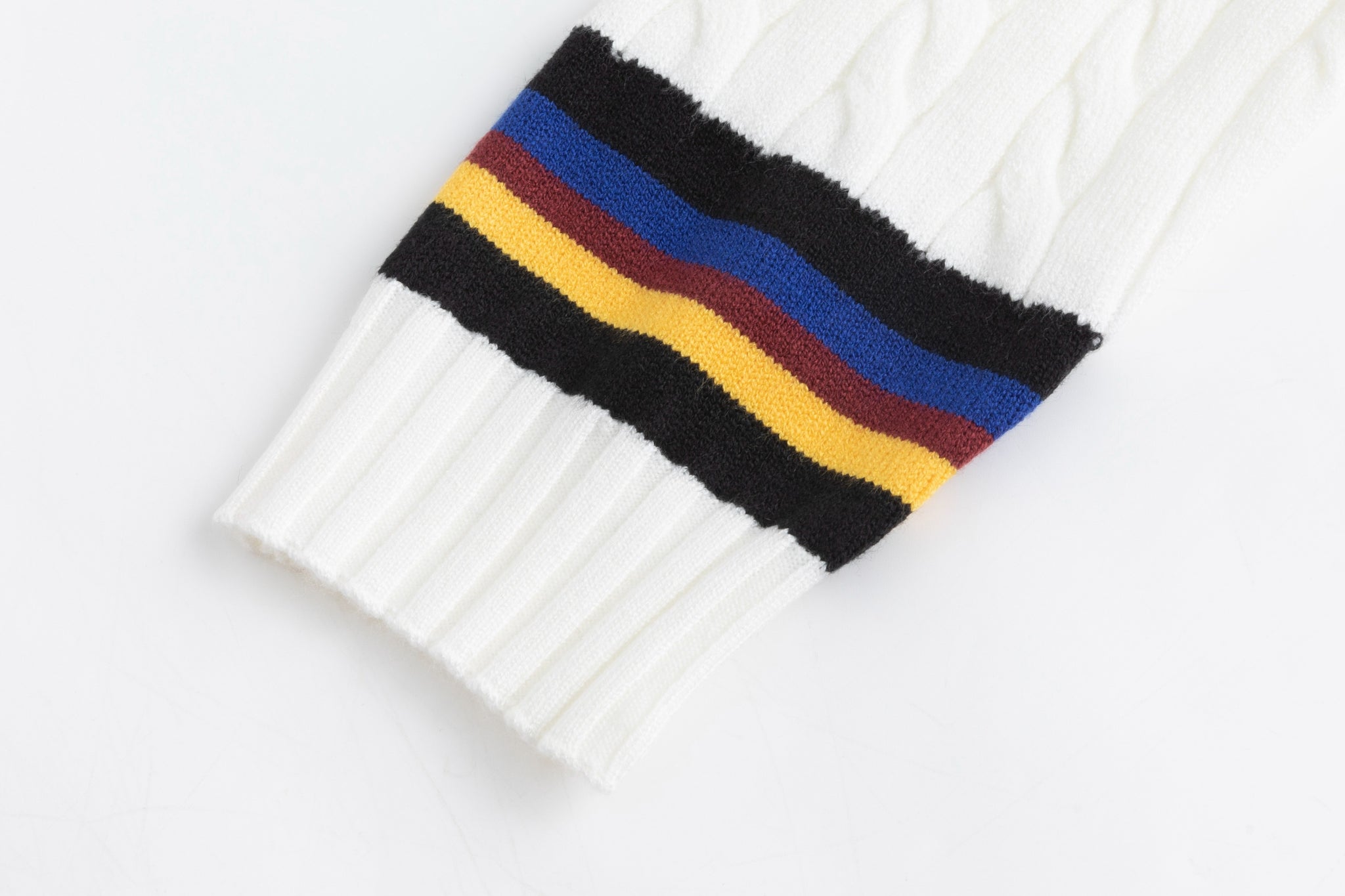 White Cable Knit Sweater With Colored Stripes