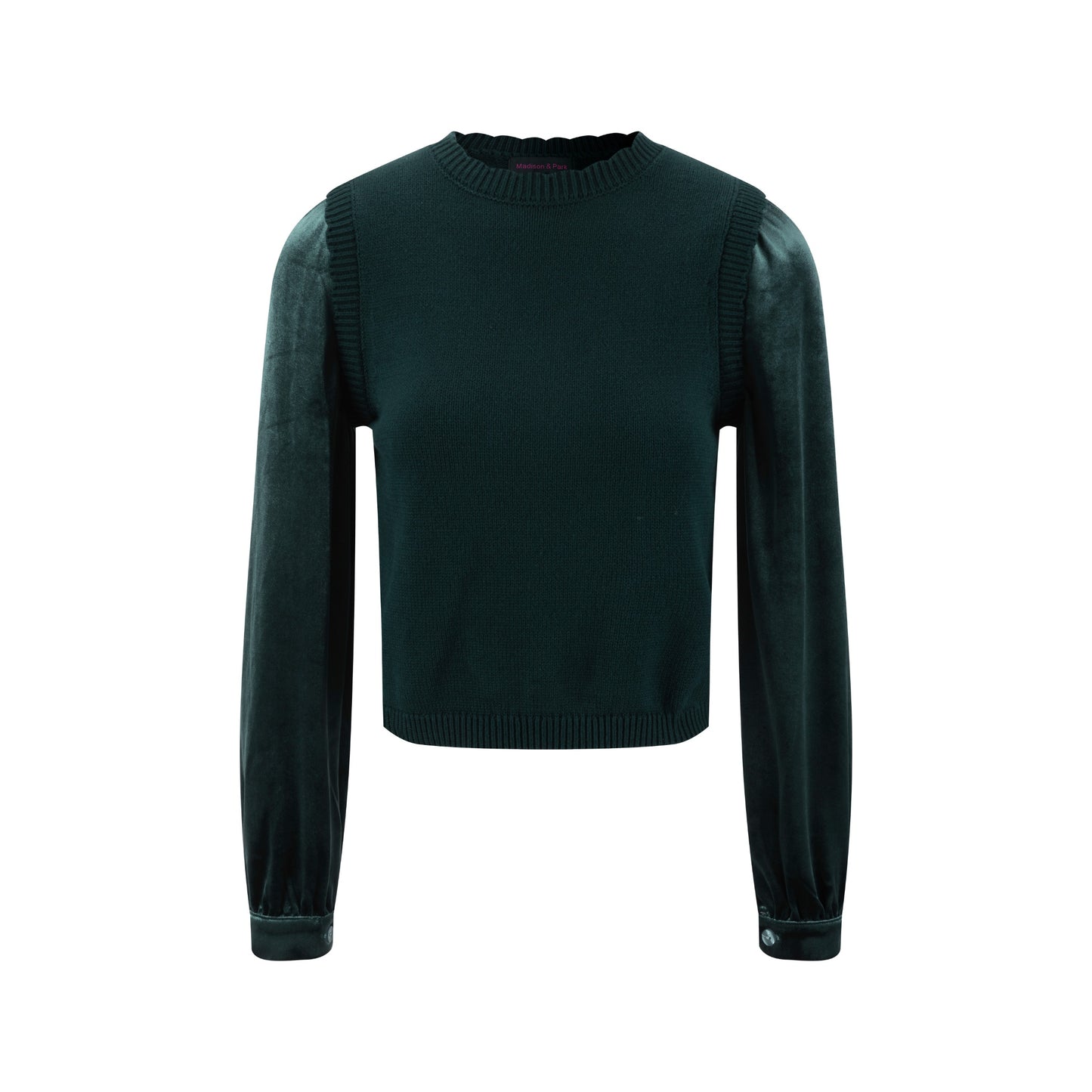 Knit Center Velvet Sleeves Top - Green