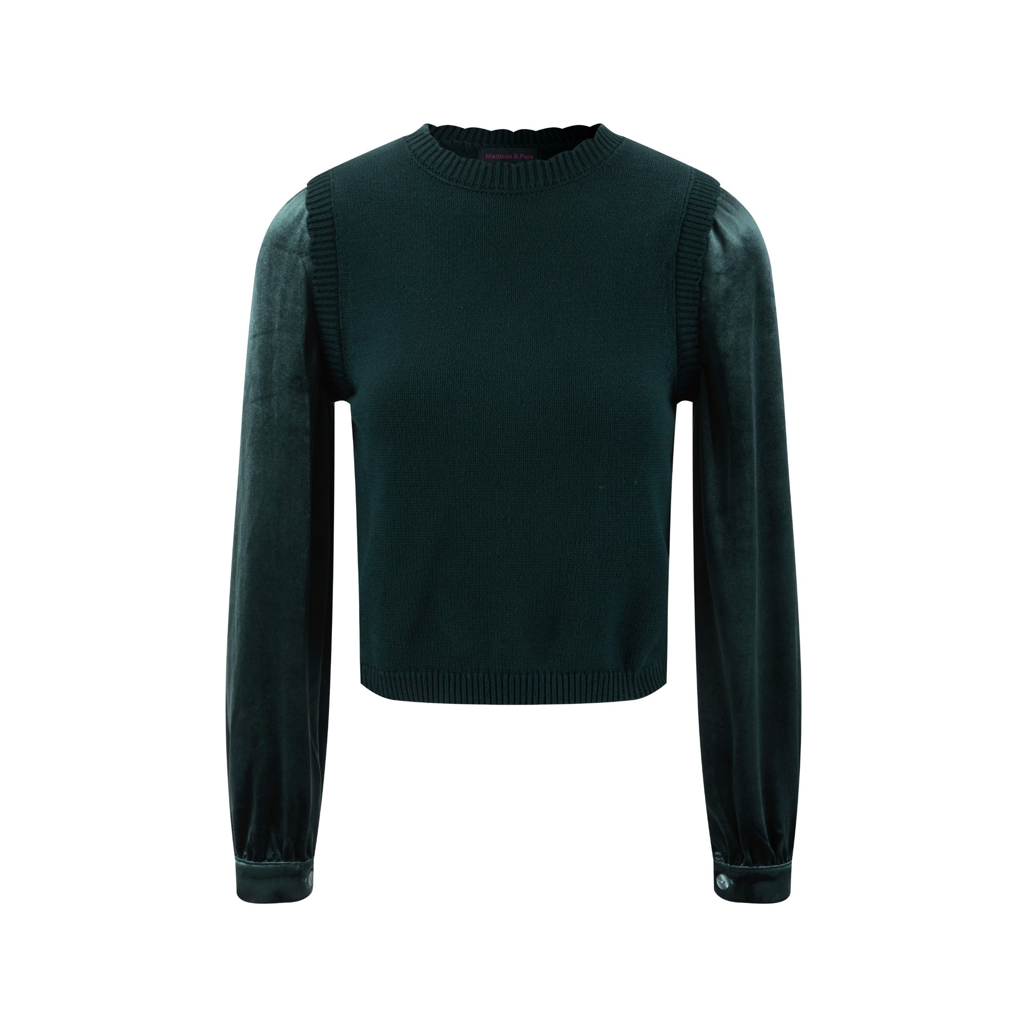 Knit Center Velvet Sleeves Top - Green