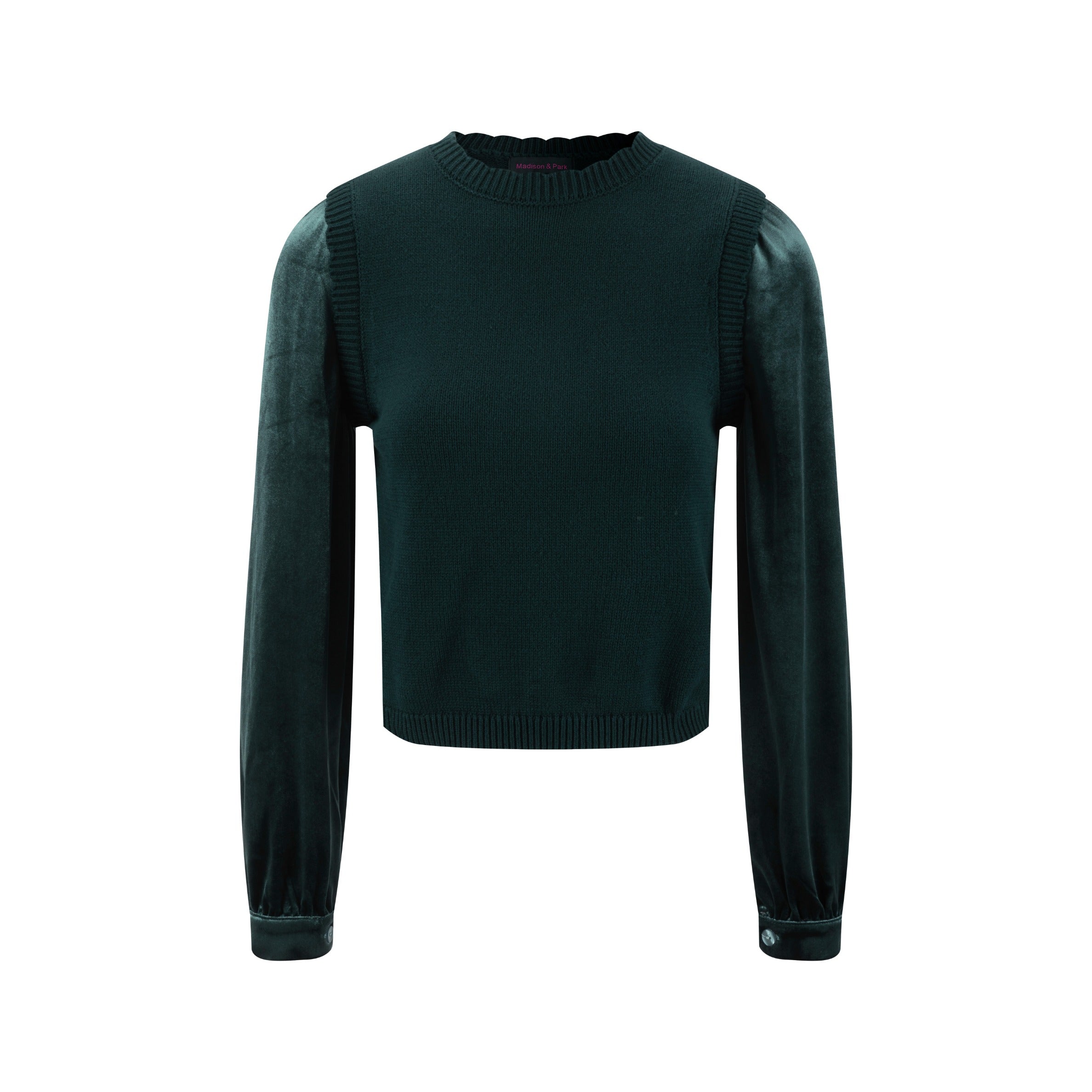 Knit Center Velvet Sleeves Top - Green