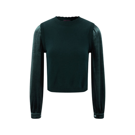 Knit Center Velvet Sleeves Top - Green