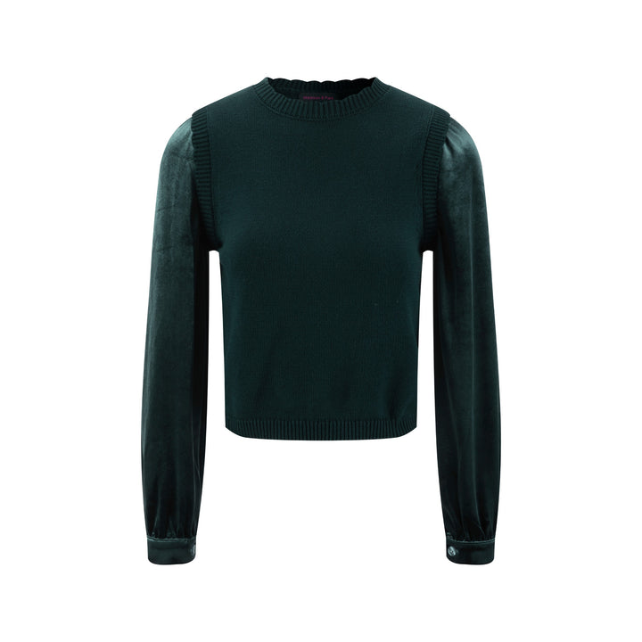 Knit Center Velvet Sleeves Top - Green