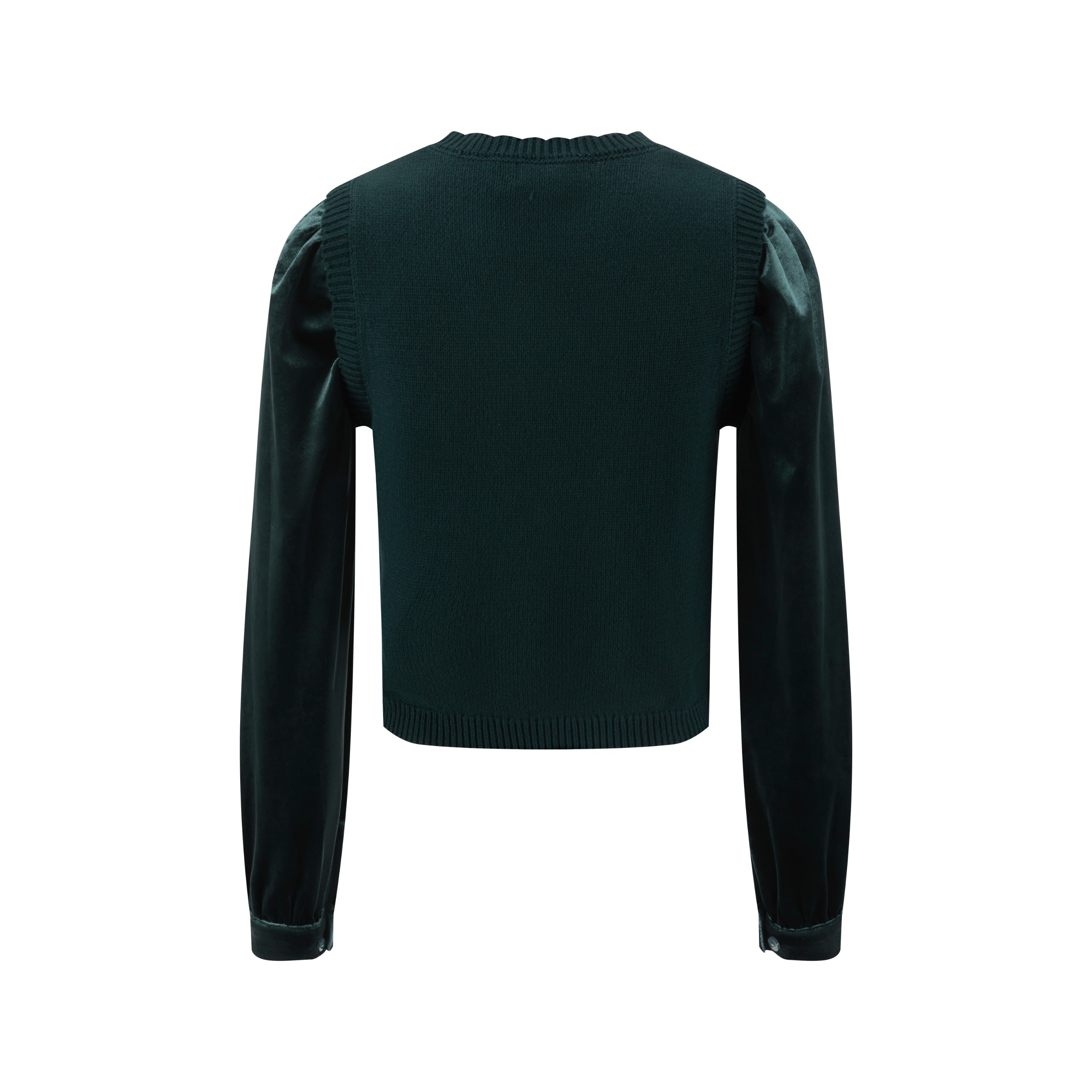 Knit Center Velvet Sleeves Top - Green