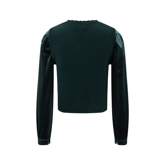 Knit Center Velvet Sleeves Top - Green