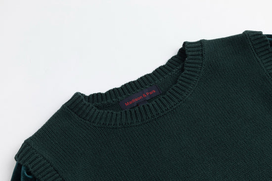 Knit Center Velvet Sleeves Top - Green