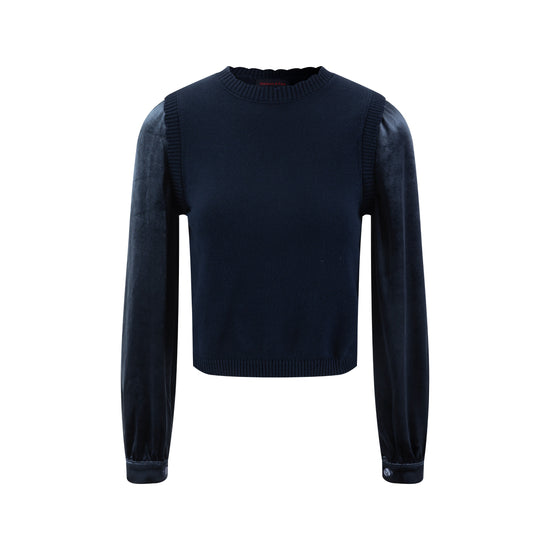Knit Center Velvet Sleeves Top - Blue